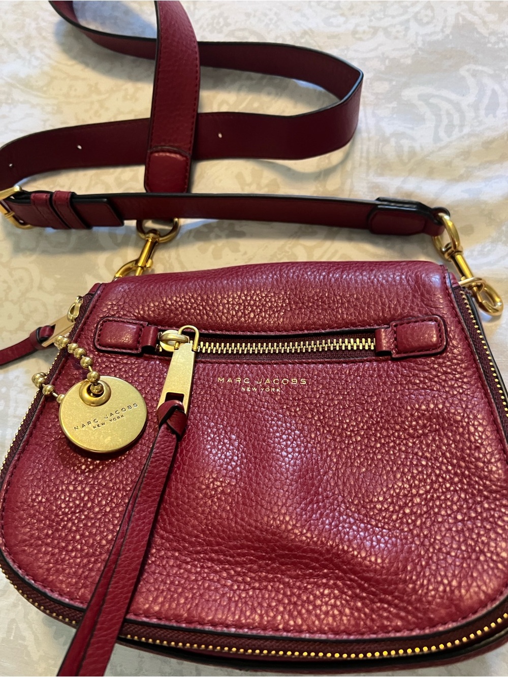 Marc Jacobs Pebbled Leather Crossbody in Berry Red with Gold Hardware